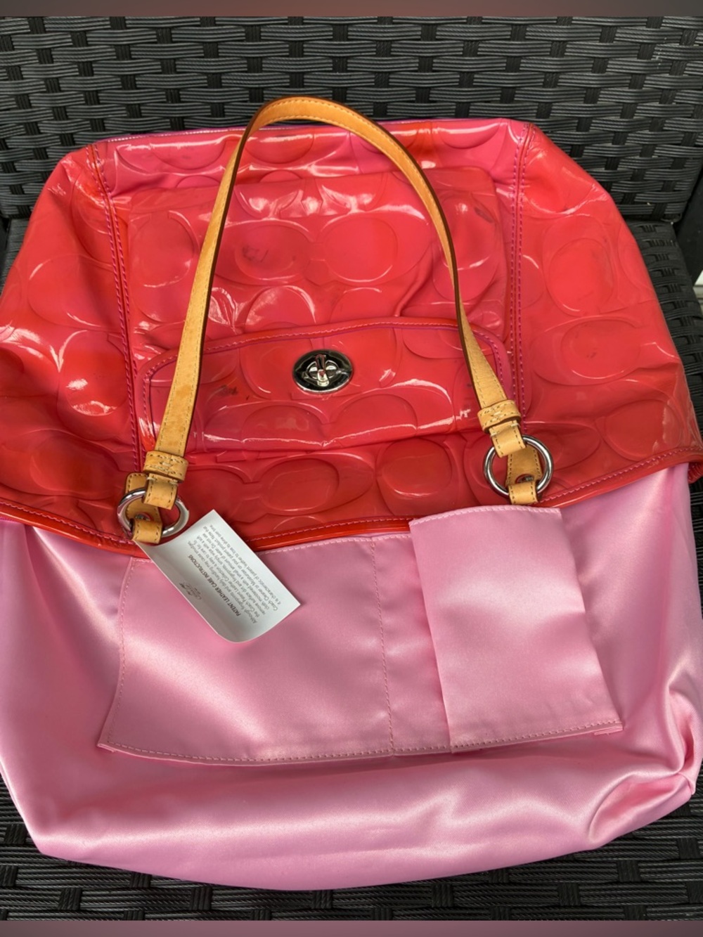 Coach Glossy Red Patent Tote with Tan Leather Straps - Picture 3 of 16